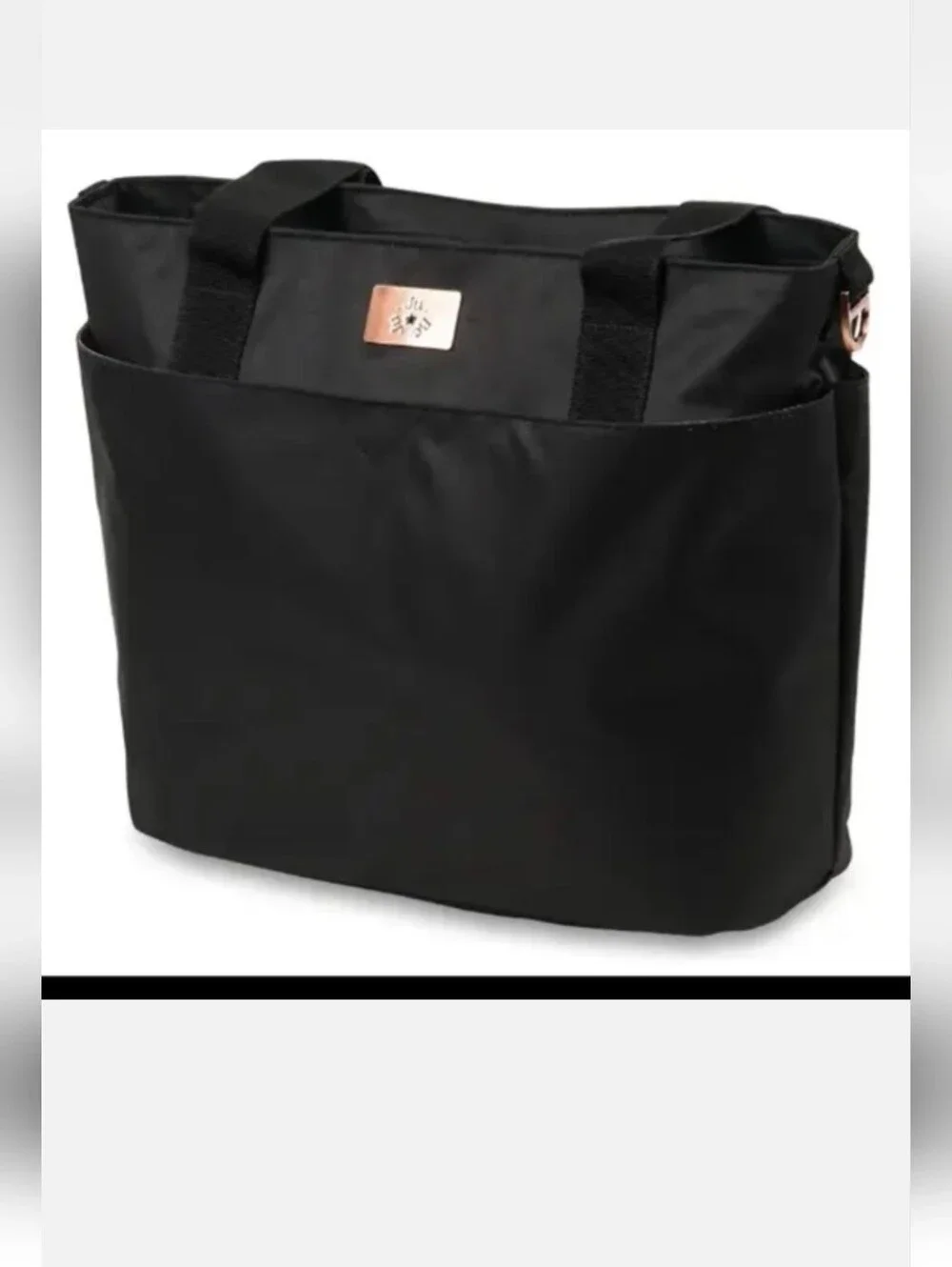 Ju-Ju-Be NWOTs Black Encore Tote with Rose Gold Plaque Baby Diaper Bag Bottle